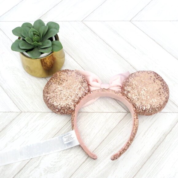 NEW! Disney Parks Minnie Mouse Sequin Ears Headband Rose Gold Pink Bow - Picture 4 of 4